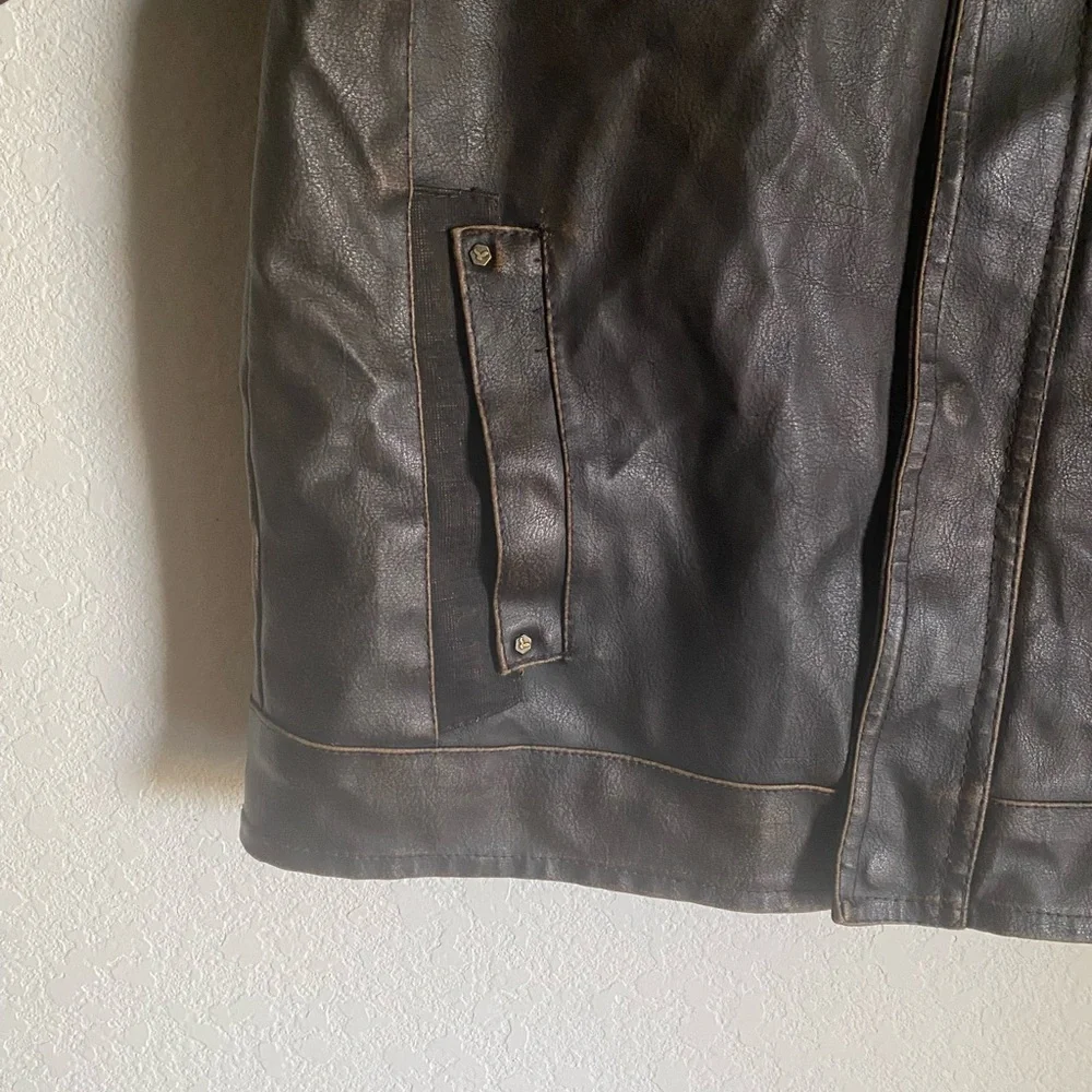 Hawke & Co Boys Brown Faux Leather Sherpa Collar Bomber Biker Moto Jacket 10/12